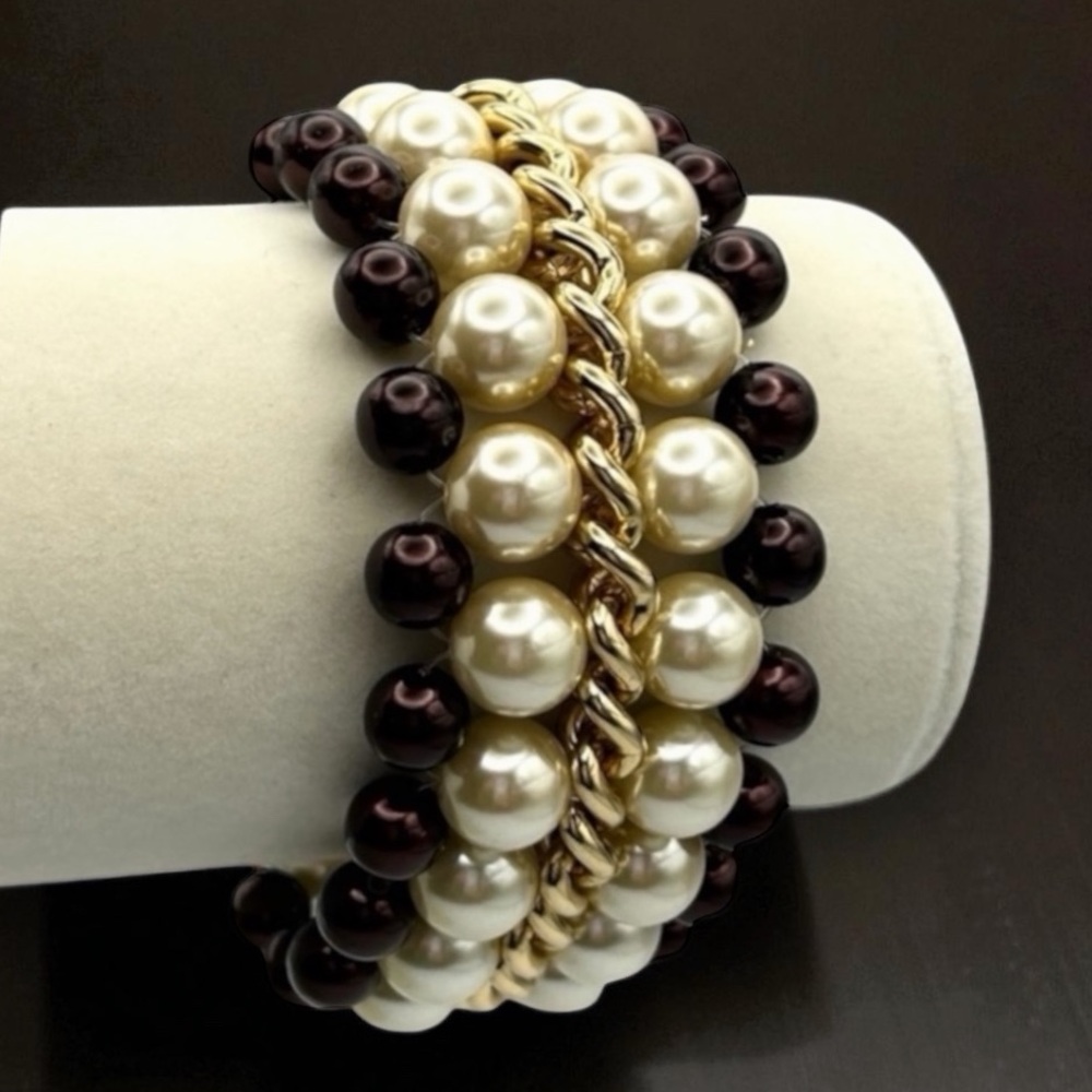 KJL Kenneth Jay Lane Multi Row Gold Tone Chain Pearl Bead Bracelet 7.5” EUC